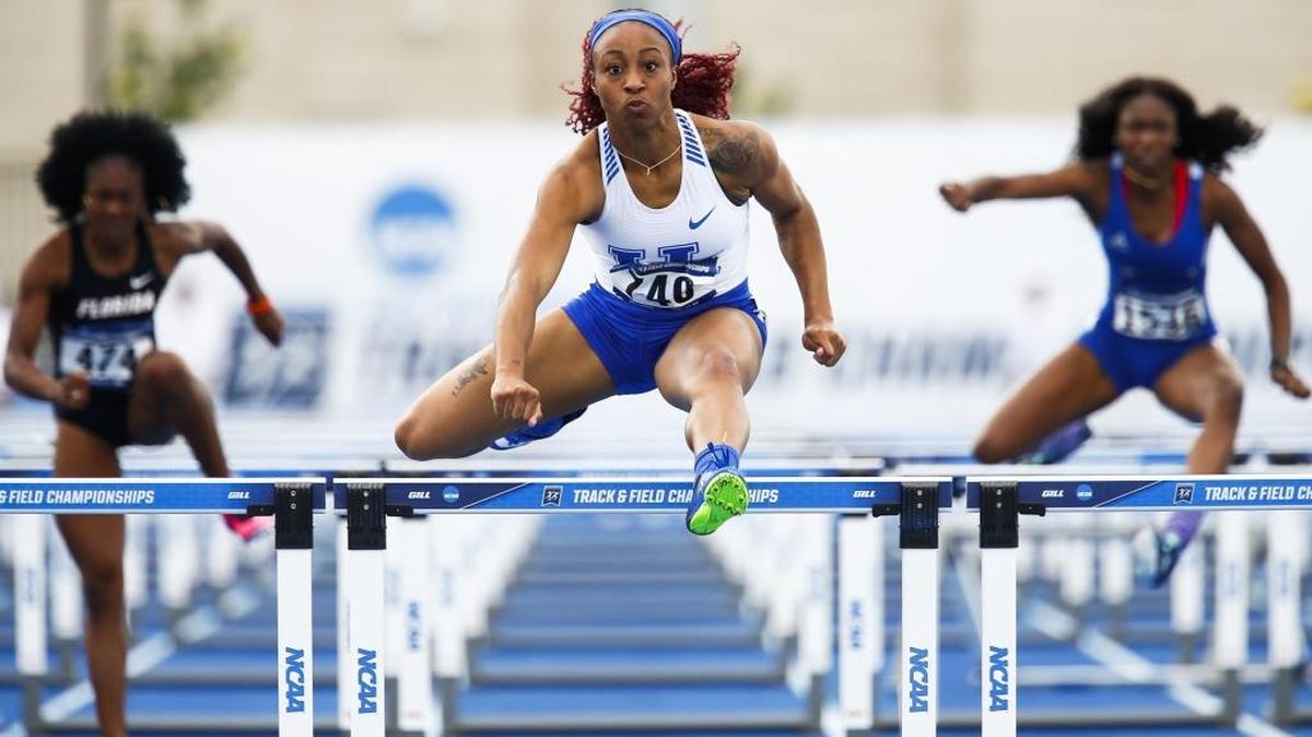 Jasmine Camacho-Quinn, middle, and the women’s track team tied the rifle team for most Directors’ Cup points scored by a UK squad in 2016-17. Each team compiled 80 points.
