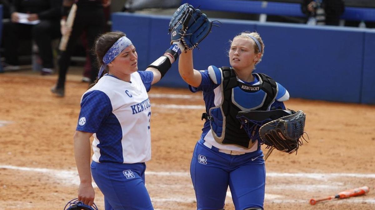 Kentucky’s Kelsey Nunley celebrated with catcher Jenny Schaper after pitching five scoreless innings against Mississippi State at John Cropp Stadium in Lexington on Sunday, May 8, 2016.