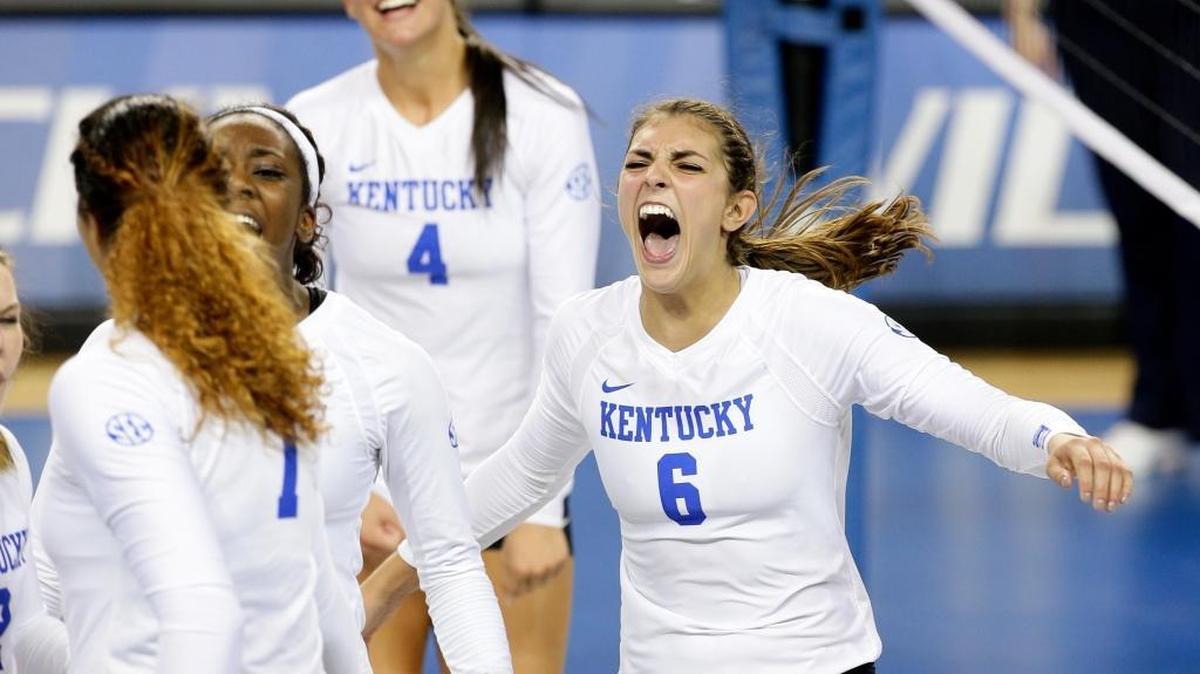 Kentucky setter Morgan Bergren (6) celebrates scoring against Louisville during the fourth set at Memorial Coliseum Sunday, Sept. 20, 2015 in Lexington, Ky.