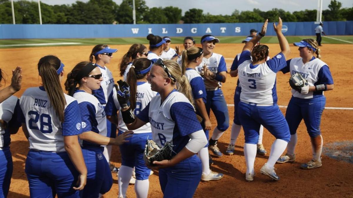Kentucky celebrated after defeating DePaul in an NCAA regional softball game at John Cropp Stadium in Lexington on Friday.