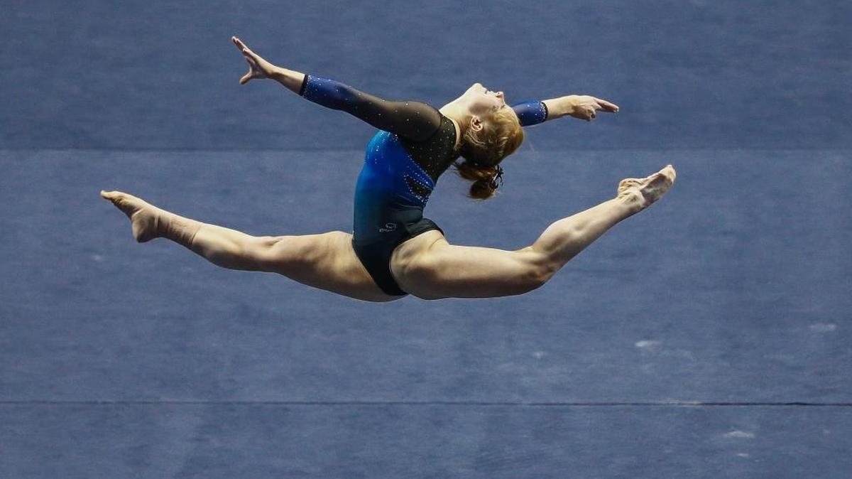 Sidney Dukes performed her floor routine at UK’s Excite Night gymnastics showcase in Rupp Arena on Friday, Jan. 5. On Saturday, UK finished second in the Minnesota Regional to earn a trip to the national semifinals for the first time in program history.