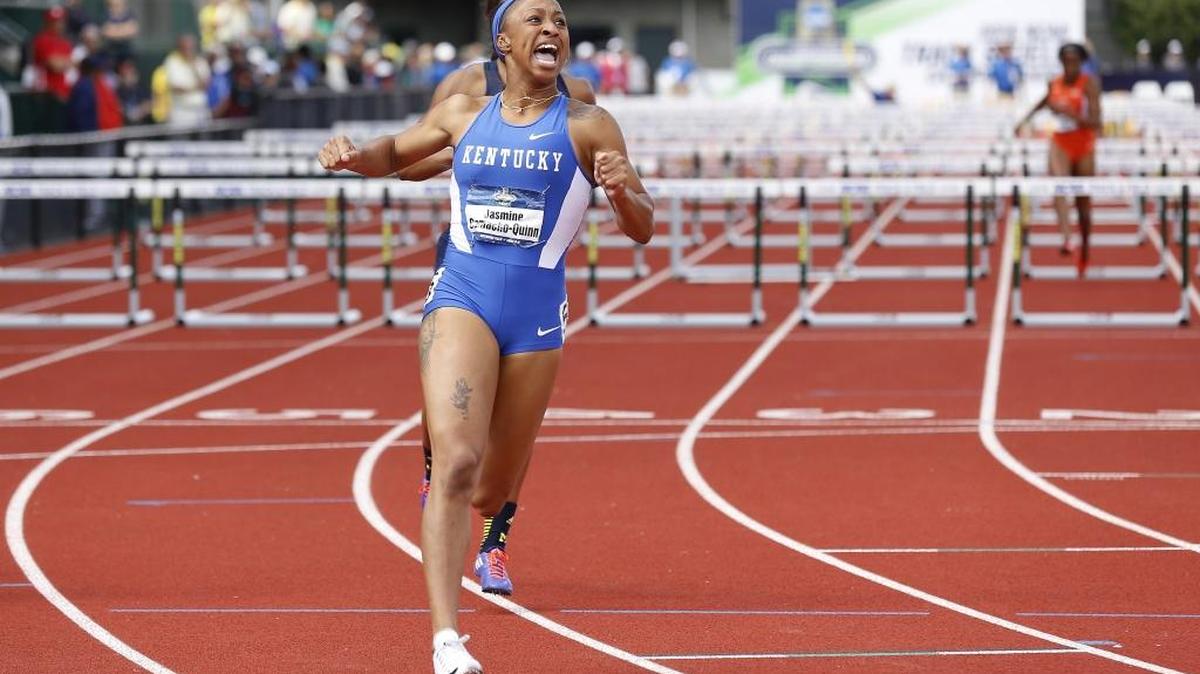 Kentucky's Jasmine Camacho-Quinn reacts after winning the women's 100-meter hurdles at the NCAA outdoor track and field championships in Eugene, Ore., Saturday, June 11, 2016.