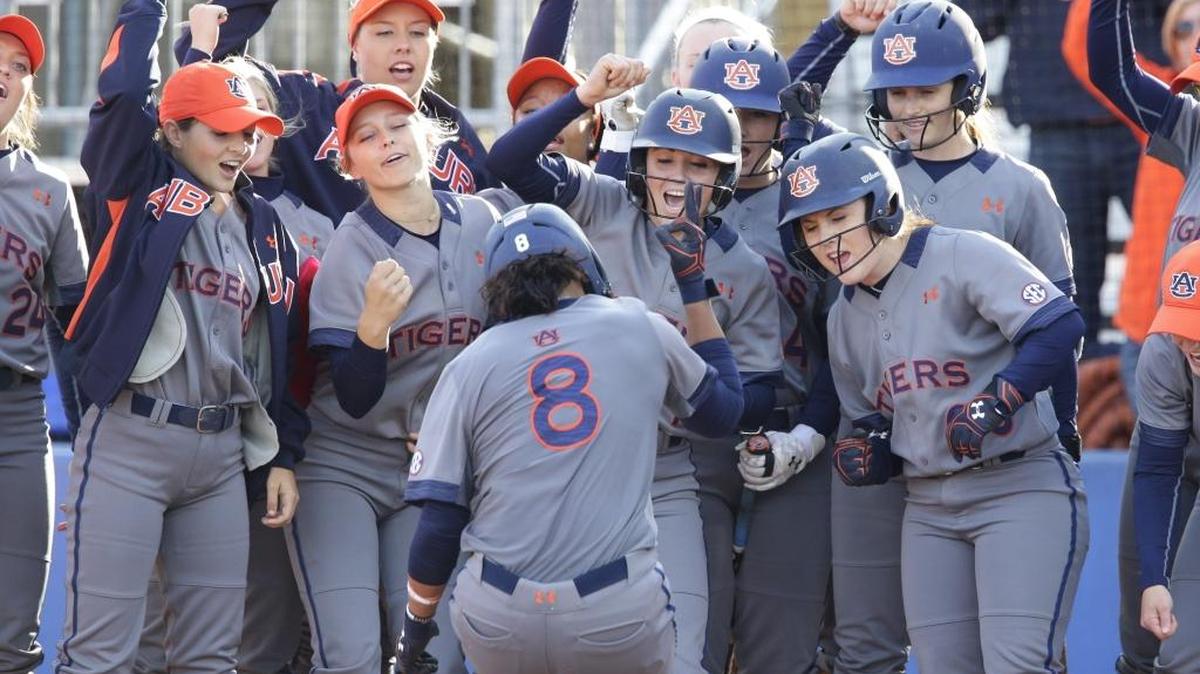 Auburn first baseman Jade Rhodes (8) came home to the plate after her three run homerun, as #3 Auburn beat Kentucky 9-0 on Friday April 1, 2016 in Lexington, Ky.