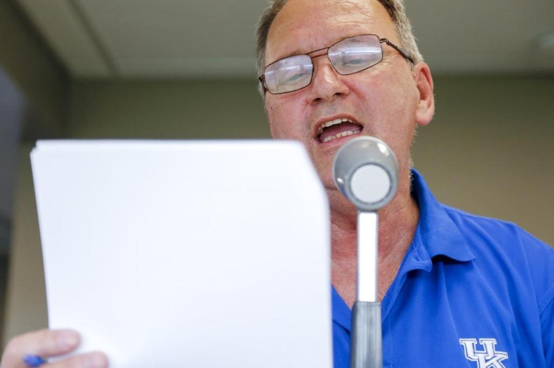 Doug Vaughen takes part in a tryout for prospective public address announcers and in-game hosts at UK athletic events at John Cropp Stadium in Lexington, Ky., on Wednesday, August 2, 2017.