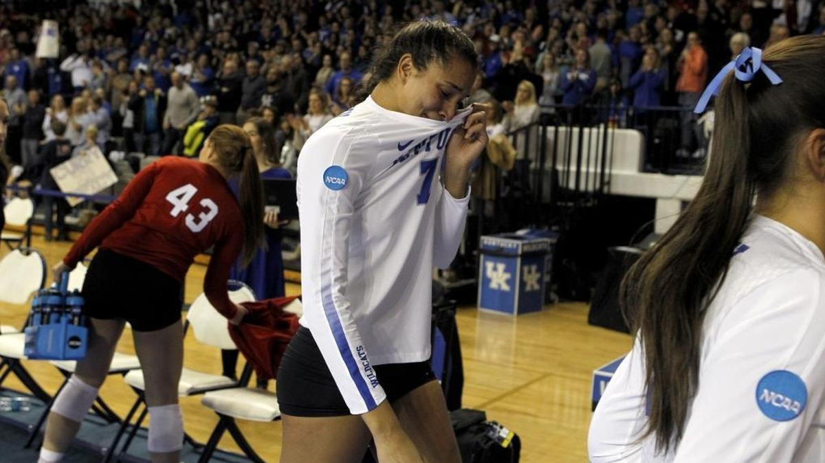 UK's Kaz Brown wipes tears after losing 3-1 to Nebraska in the regional final of NCAA Volleyball Championship at Memorial Coliseum in Lexington, Ky., Saturday, December 9, 2017.
