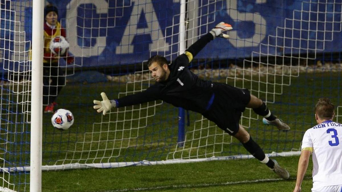 Kentucky goalkeeper Callum Irving could not get to the goal shot by Drake's James Grunert, as Drake defeated Kentucky 2-1 in the first round of the NCAA soccer championships on Thursday November 19, 2015 in Lexington, Ky. Photos by Mark Cornelison | Staff