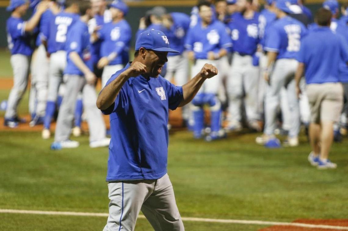 Kentucky Coach Nick Mingione celebrated after his team defeated North Carolina State, 10-5, in the NCAA Regional at Cliff Hagan Stadium in Lexington.