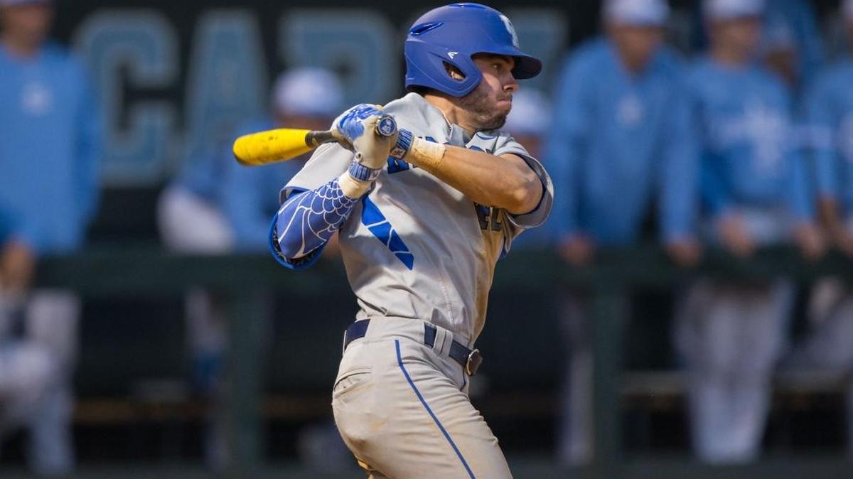 Zach Reks (40) of the Kentucky Wildcats follows through on his swing against the North Carolina Tar Heels at Boshmer Stadium on February 17, 2017 in Chapel Hill, North Carolina. The Tar Heels defeated the Wildcats 3-1. (Brian Westerholt/Four Seam Images)