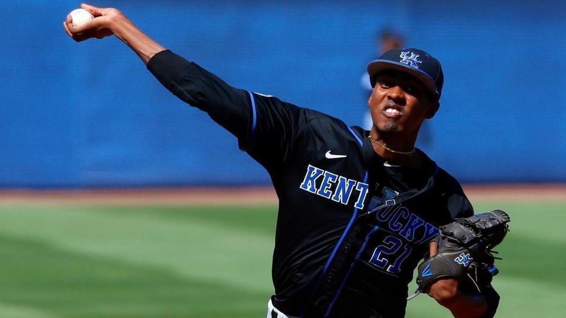 Kentucky pitcher Justin Lewis (21) throws against South Carolina during the first inning of the Southeastern Conference NCAA college baseball tournament, Friday, May 26, 2017, in Hoover, Ala. (AP Photo/Butch Dill)