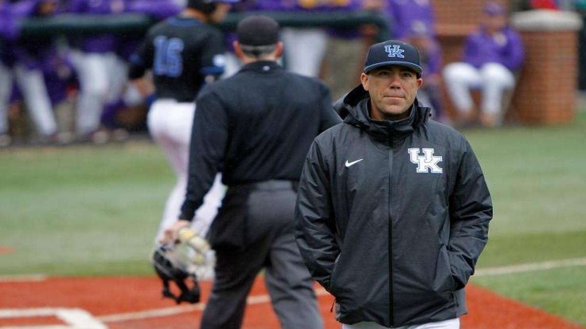 Kentucky baseball coach Nick Mingione returned to the dugout after a chat with the umpire during a game against LSU last month. Mingione was ejected in the fifth inning of Friday night’s game at Florida. The loss dropped the Cats to second place in the Southeastern Conference standings with one regular-season game left to play.