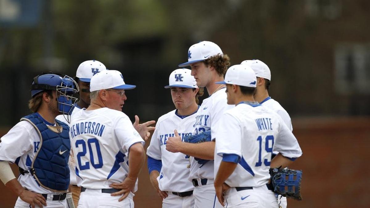 UK Coach Gary Henderson chatted with his infielders during a game earlier this season against Florida at Cliff Hagan Stadium.