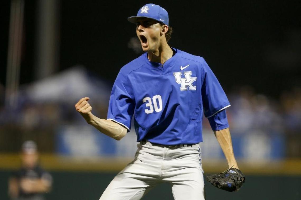 Kentucky’s Sean Hjelle celebrated after a strikeout during Monday’s game against North Carolina State. Hjelle, a starter who had thrown 107 pitches in seven innings on Friday, faced the final 10 batters in the Cats’ win.