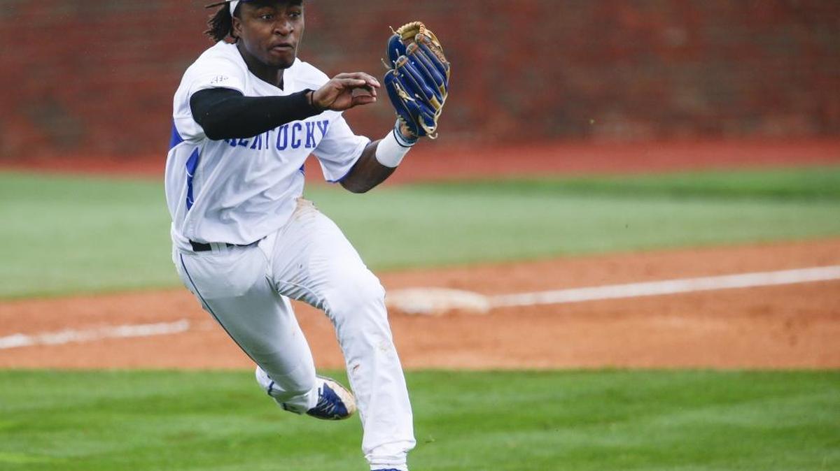 Kentucky's JaVon Shelby guns down a runner in the 5th inning as Kentucky defeated Missouri 7-2 on Saturday May 21, 2016 in Lexington, Ky.