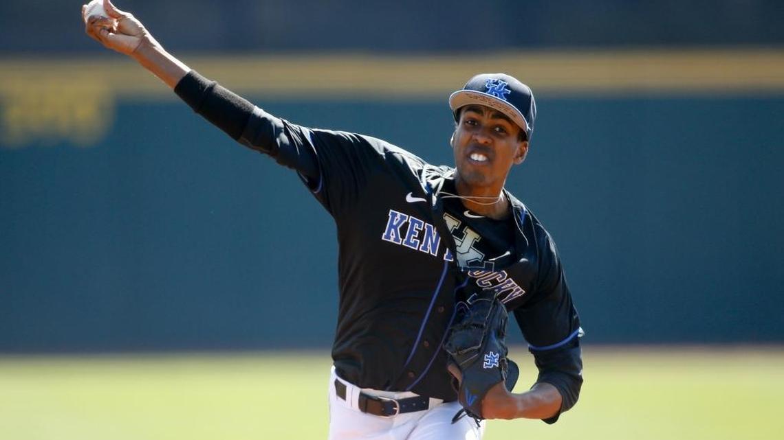 Kentucky starting pitcher Justin Lewis delivered a pitch during the game against the UC Santa Barbara Gauchos at Cliff Hagan Stadium in Lexington. Lewis carried a perfect game into the seventh inning. Kentucky defeated UC Santa Barbara 12-1.