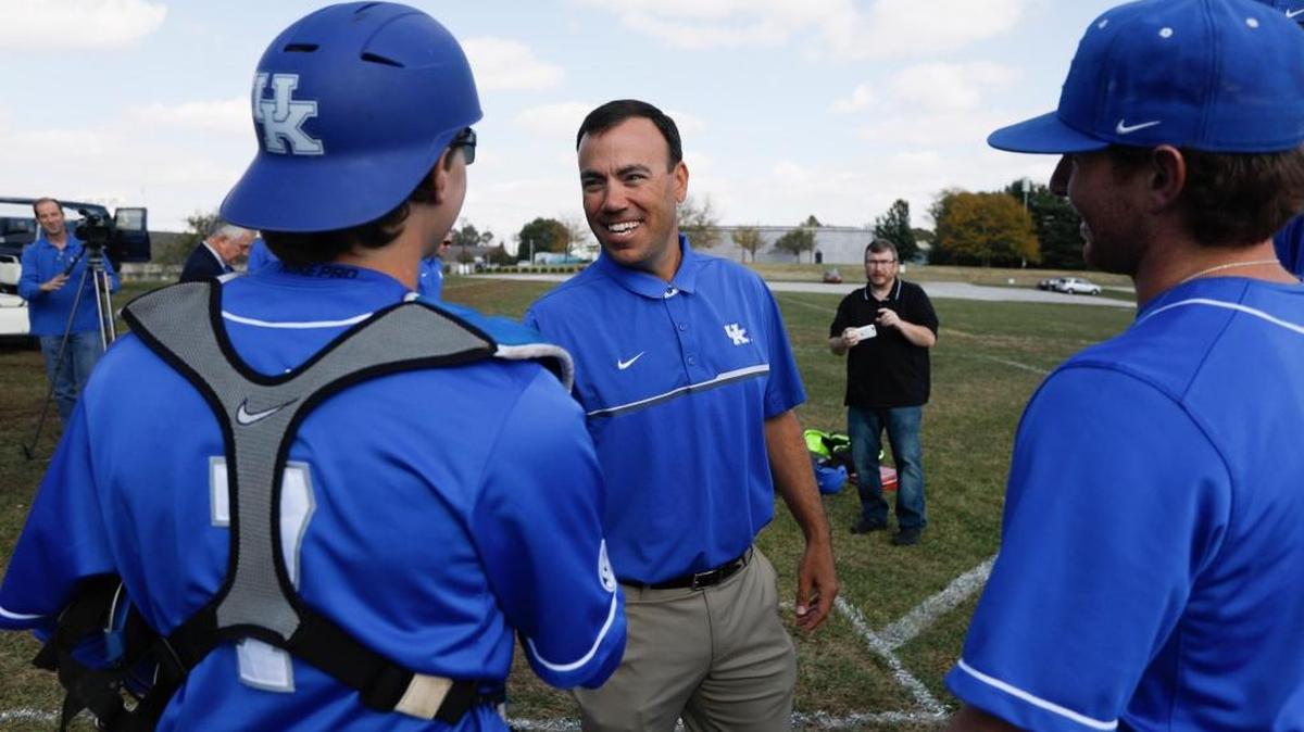 UK baseball coach Nick Mingione joked with players Sean Hjelle, Tyler Marshall and Connor Heady during an October ceremony at the site of a new UK baseball stadium slated to break ground this year.