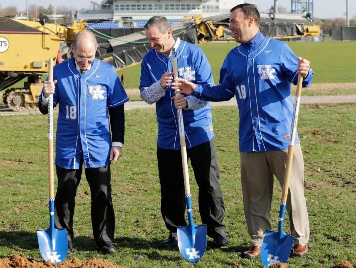 University of Kentucky President Eli Capilouto, left, Athletics Director Mitch Barnhart, center, and baseball coach Nick Mingione at the groundbreaking for UK’s new $49 million baseball stadium.
