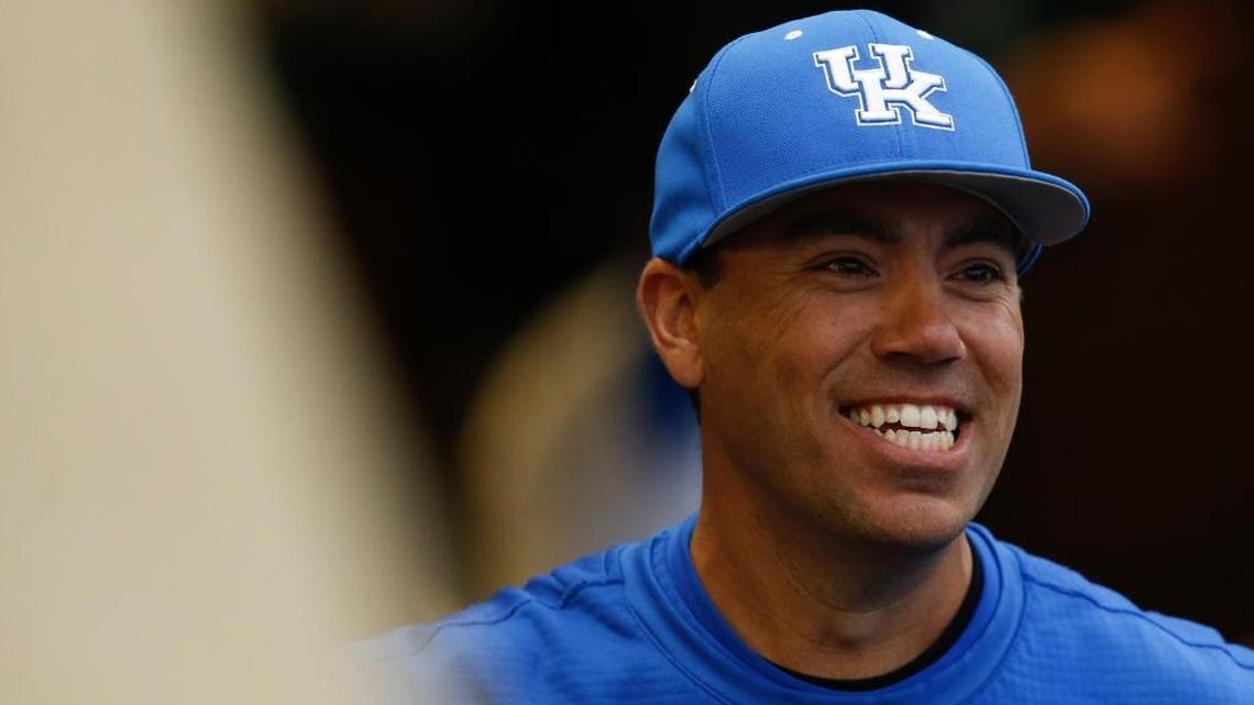 Kentucky baseball head coach Nick Mingione laughs in the dugout in the first inning during the game against the Vanderbilt at Cliff Hagan Stadium on March 31, 2017. Mingione has netted a top 10 recruiting class after his first season at the helm.