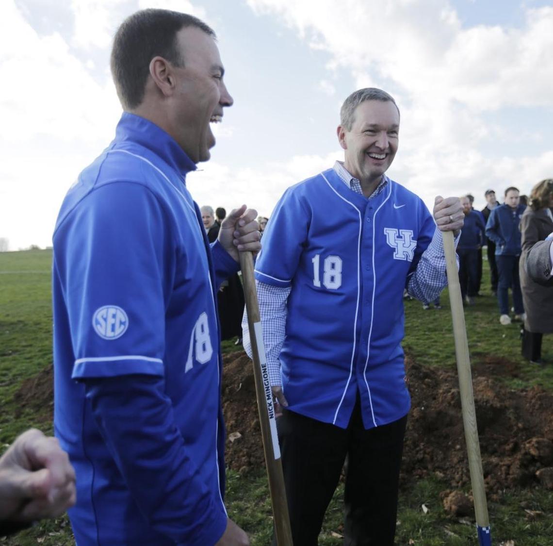 Nick Mingione, left, shared a laugh with UK Athletics Director Mitch Barnhart during a groundbreaking ceremony in March for the Wildcats’ new baseball stadium on Alumni Drive.