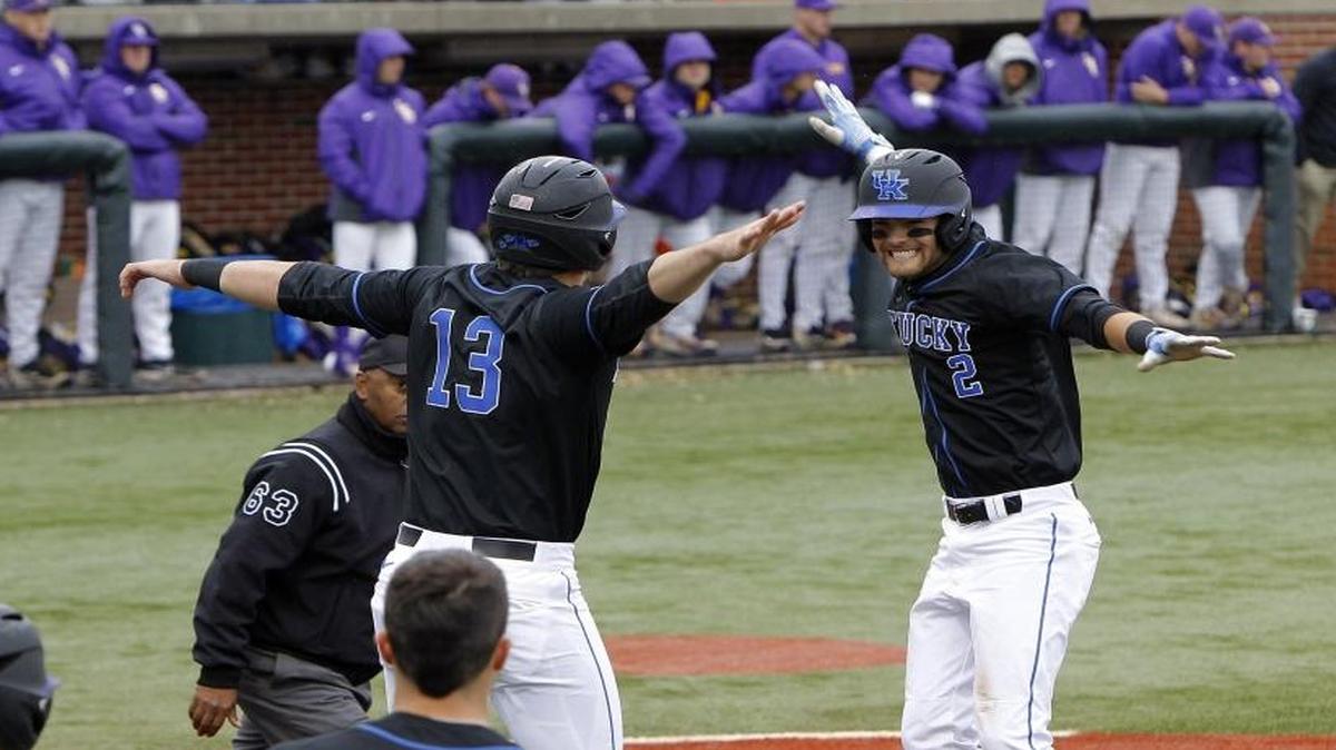 UK's Kole Cottam, left, celebrates his home run with Riley Mahan, who would hit one of his own up next at bat, against LSU at Cliff Hagan Stadium in Lexington on Sunday, April 23, 2017.
