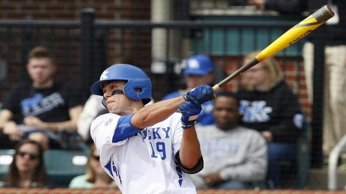 Kentucky’s Evan White batted against Florida at Cliff Hagan Stadium in Lexington on Sunday, March 27, 2016.