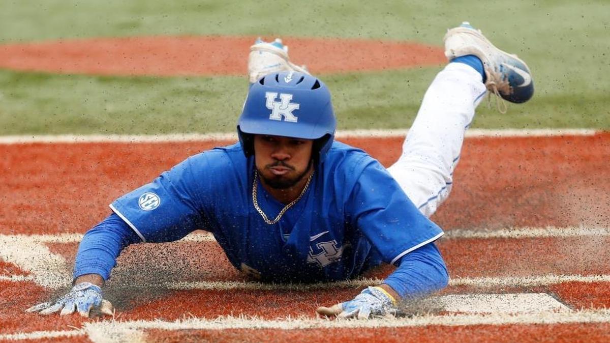 Kentucky’s Tristan Pompey slid safely into home during a game against Vanderbilt in April. Pompey hit a two-run homer on Saturday night in Kentucky’s loss to Mississippi State.