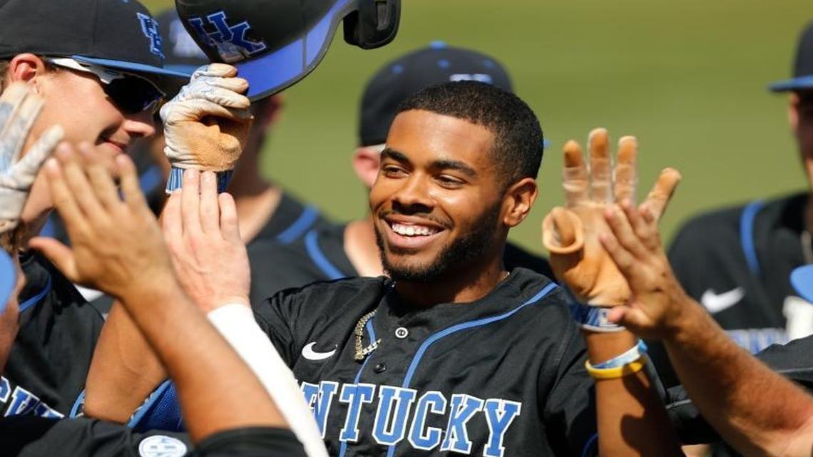 Kentucky’s Tristan Pompey received high-fives from teammates after hitting a home run against Tennessee last weekend. Pompey hit a two-out grand slam to give Kentucky a 4-3 lead over Florida on Thursday night in the opener of a three-game series that could determine the Southeastern Conference regular-season champion. The Cats went on to win 12-4.