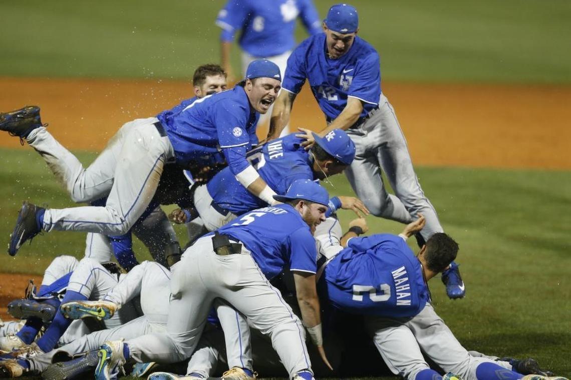 Kentucky players celebrated early Tuesday morning after defeating North Carolina State, 10-5, in the NCAA Regional at Cliff Hagan Stadium in Lexington. The Wildcats advance to a Super Regional for the first time in team history.