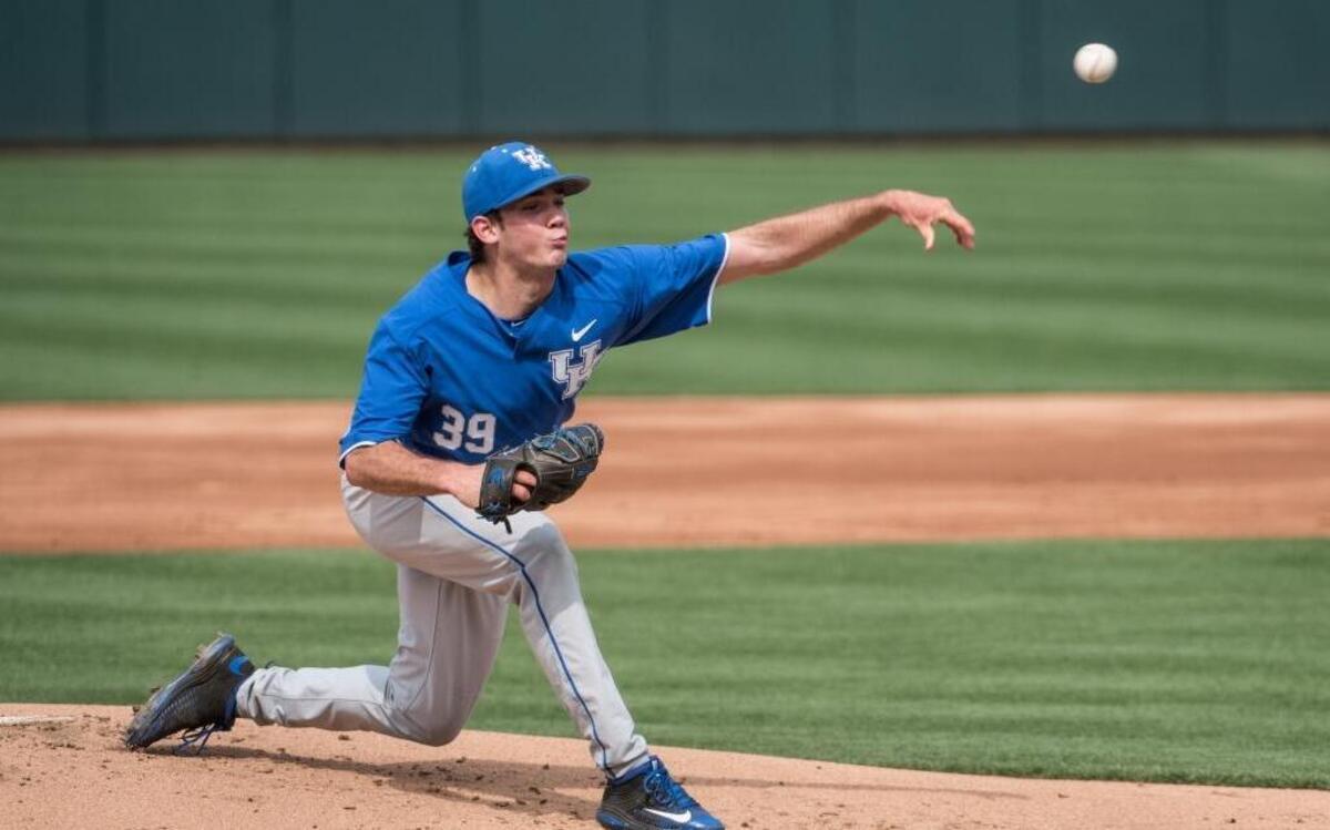 Kentucky starting pitcher Zach Logue delivers to a South Carolina batter at Founders Park on Saturday, April 29, 2017, in Columbia, S.C. South Carolina defeated Kentucky 5-1.