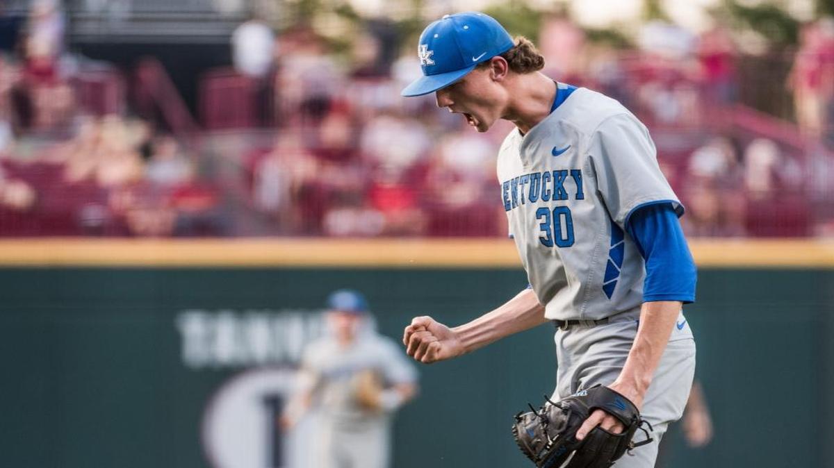 Kentucky starting pitcher Sean Hjelle celebrates an out to end the first inning against South Carolina at Founders Park on April 28, 2017, in Columbia, S.C.