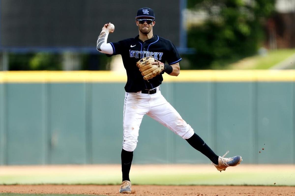 Kentucky second basemen Riley Mahan threw out a runner at first base against Tennessee at Cliff Hagan Stadium in Lexington on Sunday.