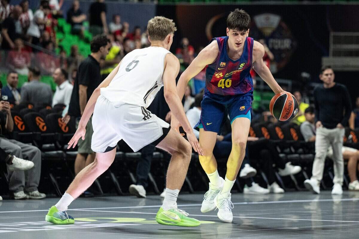 ATHENS, GREECE - MAY 24: Nikola Kusturica, #46 of U18 FC Barcelona in action during 2026 ANGE Finals Championship game Real Madrid vs FC Barcelona on May 24, 2026 in Athens, Greece. (Photo by David Grau/Euroleague Basketball via Getty Images)