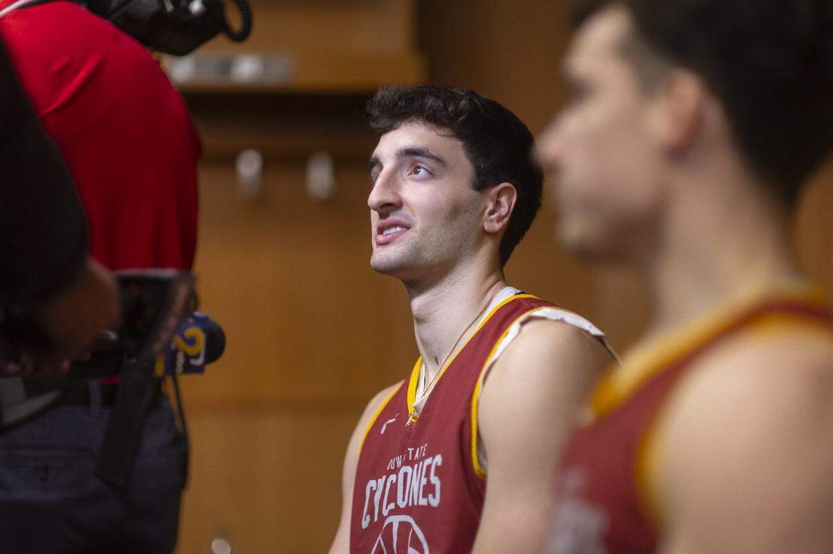 Iowa State’s Milan Momcilovic speaks to members of the media at the Enterprise Center in St. Louis, Missouri, on March 21, 2026. 