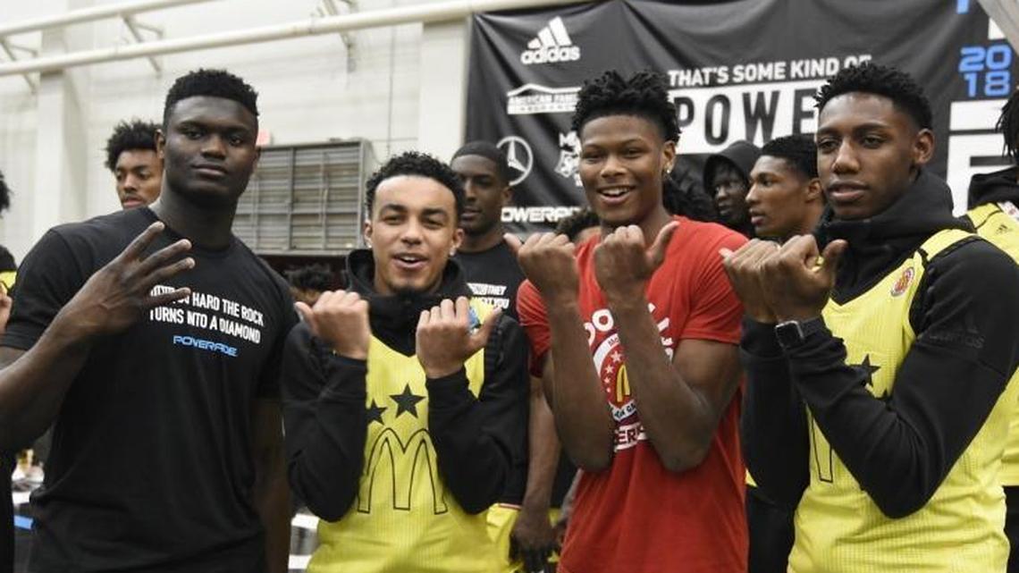 Duke commitments, from left, Zion Williamson, Tre Jones, Cam Reddish and RJ Barrett pose before Monday night’s Powerade Jam Fest in Atlanta.