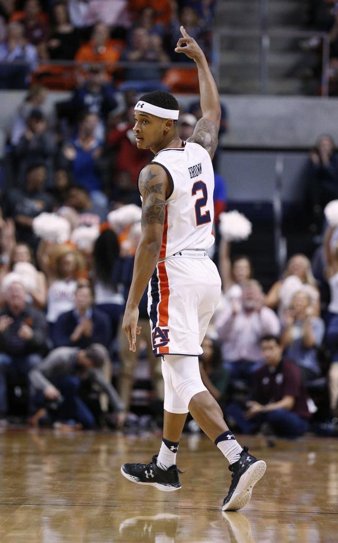 Auburn guard Bryce Brown leads the SEC in three-point shooting, but his status for Wednesday’s game against Kentucky is in question because of an injury.
