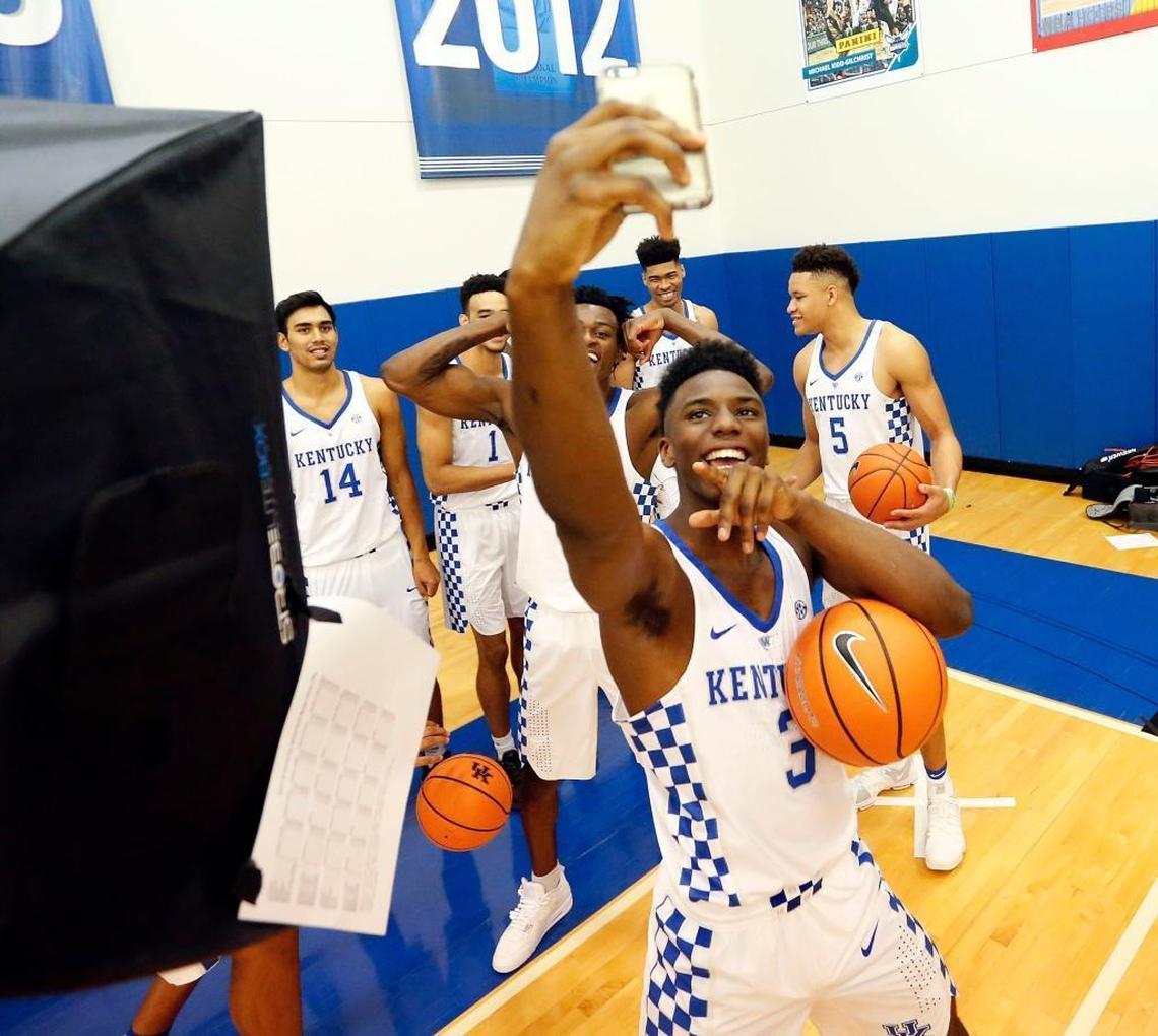 Kentucky Wildcats guard Hamidou Diallo (3) photobombed a group shot with a selfie during the University of Kentucky men’s basketball photo day held at the Joe Craft Center in Lexington, Ky., Monday, September 18, 2017.