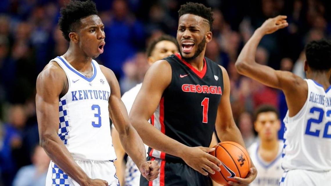 Georgia’s Yante Maten (1) and Kentucky’s Hamidou Diallo (3) reacted to a play during the second half in Rupp Arena on Sunday night.