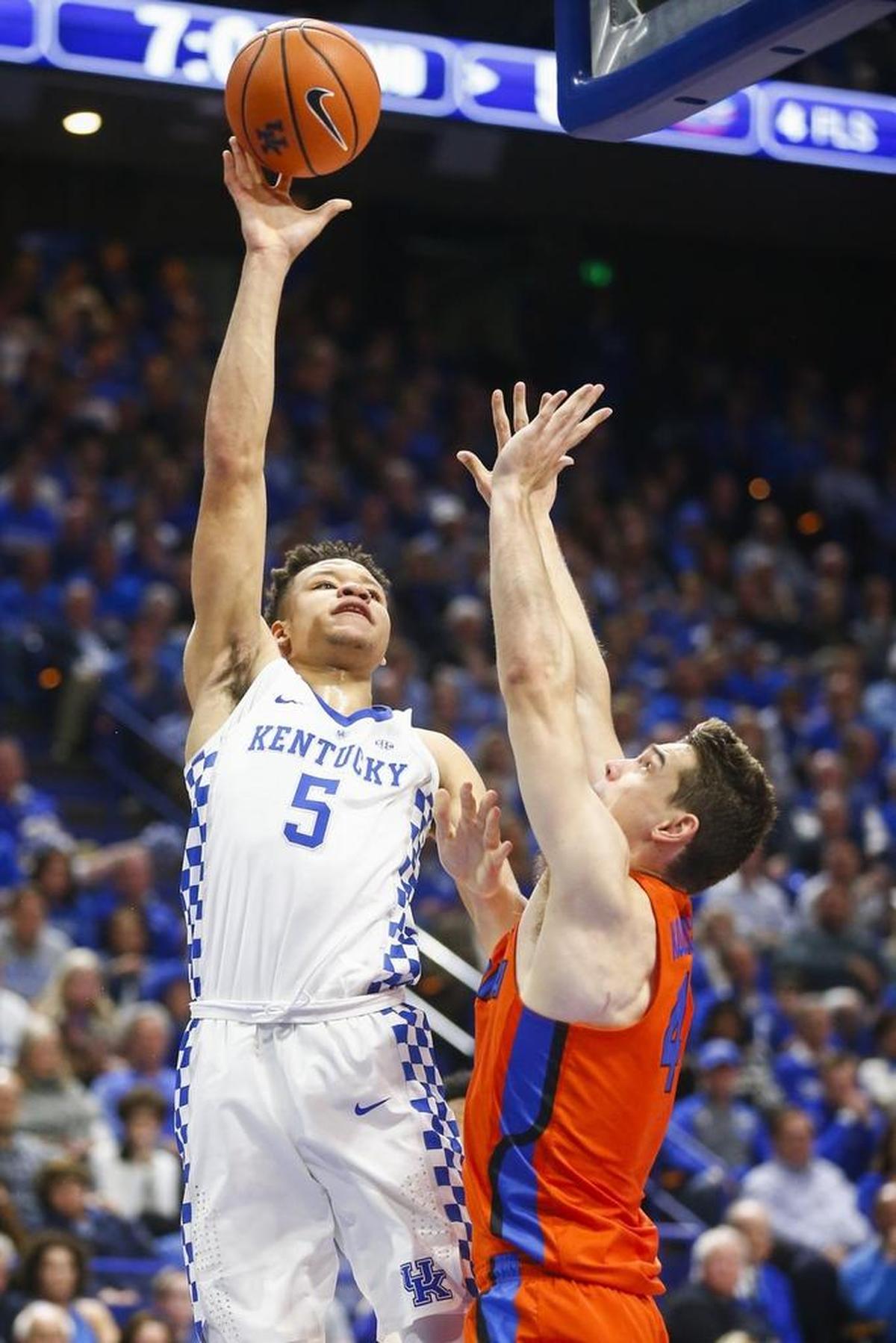 Kevin Knox puts up a shot in Saturday night’s game.
