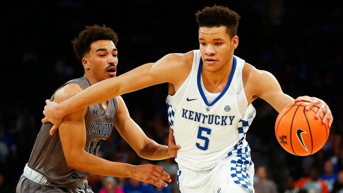 Kentucky forward Kevin Knox (5) drove past Monmouth guard Micah Seaborn during the Citi Hoops Classic at Madison Square Garden in New York on Saturday. Kentucky beat Monmouth 93-76.