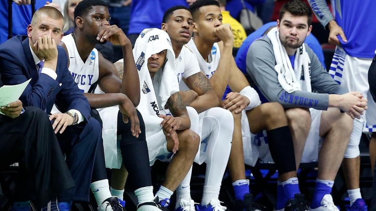 The UK bench during the last few seconds during second half action as the University of Kentucky played Indiana University in the 2nd round of the 2016 NCAA Men's Division I Basketball Tournament in Wells Fargo Arena in Des Moines, IA, Saturday, March 19, 2016. Indiana won 73-67.