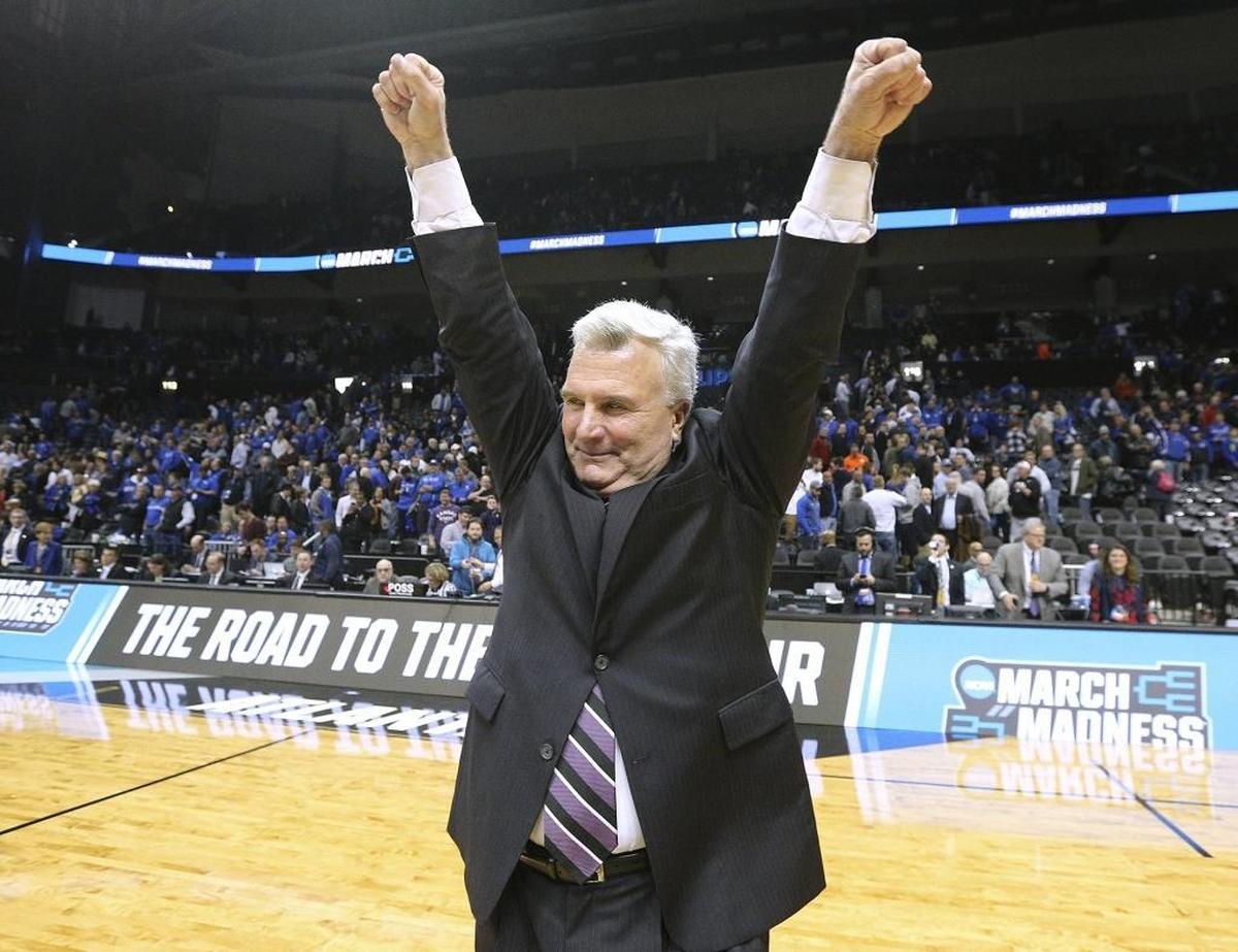 Kansas State coach Bruce Weber celebrates the the team's 61-58 win over Kentucky during an NCAA men's college basketball tournament regional semifinal early Friday, March 23, 2018, in Atlanta.