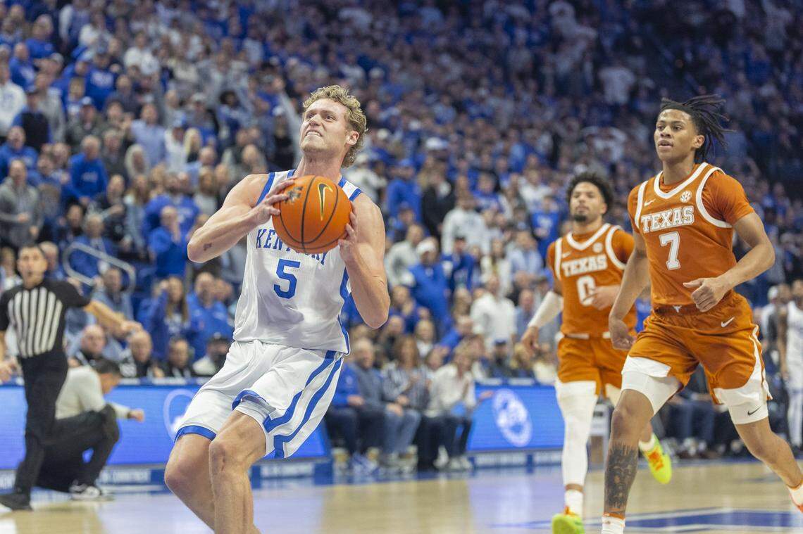 Kentucky Wildcats guard Collin Chandler (5) looks to shoot the ball during a game against the Texas Longhorns at Rupp Arena in Lexington, Ky., on Wednesday, Jan. 21, 2026.  