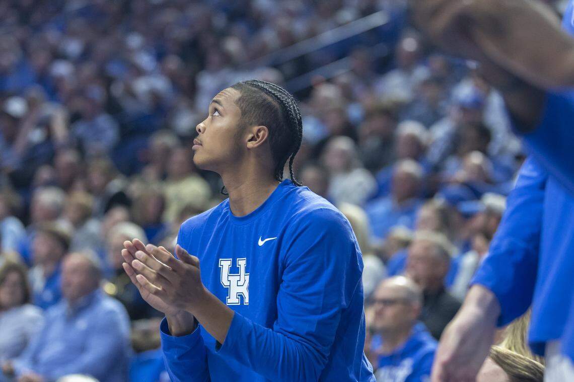 Kentucky guard Jaland Lowe watches his team during an exhibition game against the Purdue Boilermakers at Rupp Arena in Lexington, Ky., on Friday, Oct. 24, 2025.
