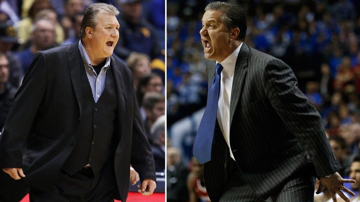 West Virginia Coach Bob Huggins, left, is 8-3 all-time against Kentucky Coach John Calipari. The two old friends collide again Jan. 27, 2018, in the Big 12/SEC Challenge.