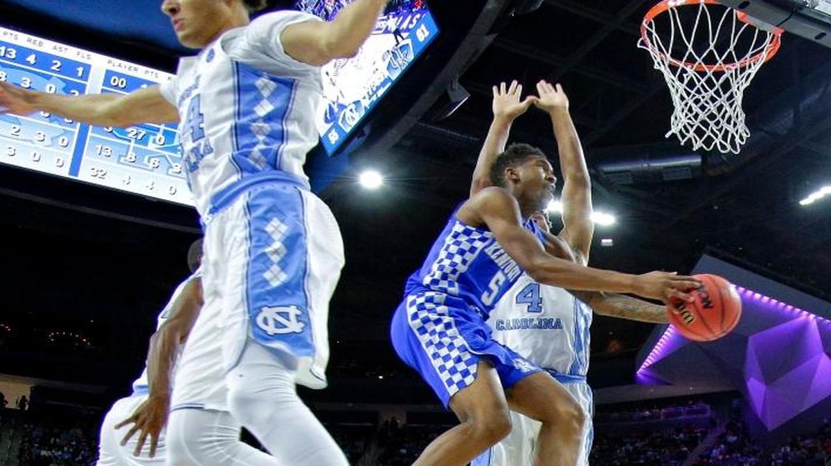 Kentucky Wildcats guard Malik Monk (5) drove throught the North Carolina defense to score two of his 47 points as Kentucky defeated North Carolina 103-100 on Saturday December 17, 2016 in Las Vegas, NV
