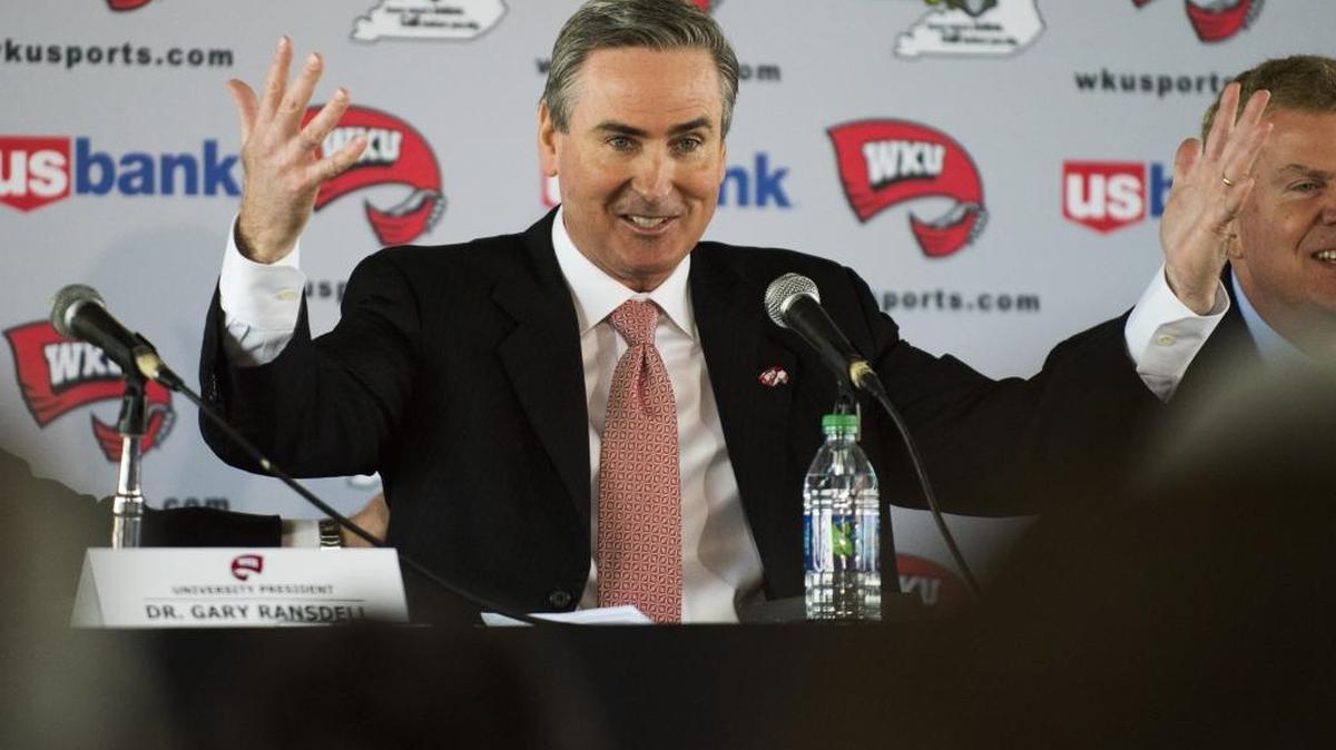 Rick Stansbury speaks at a news conference where he was announced as the new men's NCAA college basketball coach at Western Kentucky on Monday, March 28, 2016, in Bowling Green, Ky.