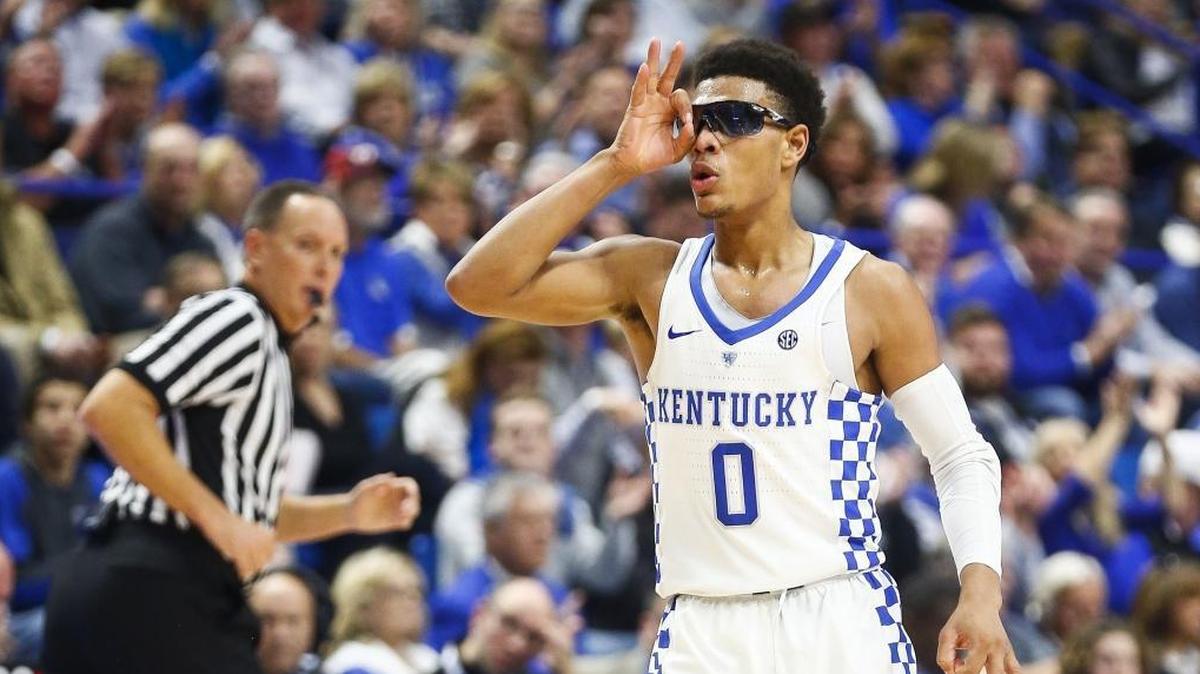 Kentucky Wildcats guard Quade Green (0) reacts after a three-point basket during their game against the Virginia Tech Hokies in Rupp Arena in Lexington, Ky., Saturday, Dec. 16, 2017.