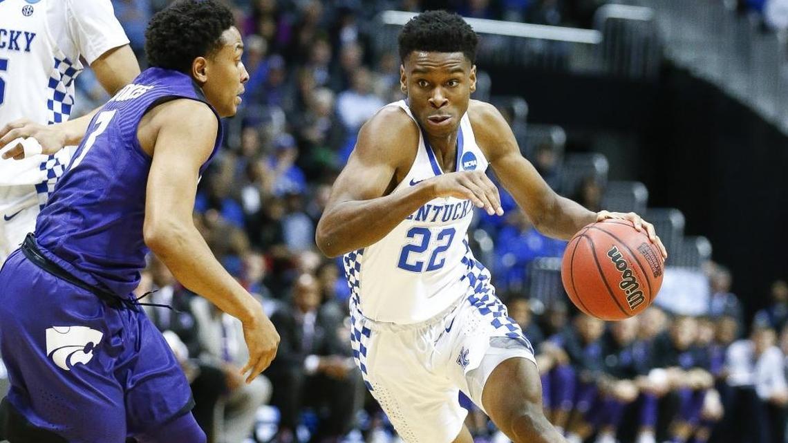 Kentucky Wildcats guard Shai Gilgeous-Alexander (22) drove past Kansas State Wildcats guard Kamau Stokes (3) during their Sweet 16 game Thursday at Philips Arena in Atlanta. Kansas State beat Kentucky 61-58.