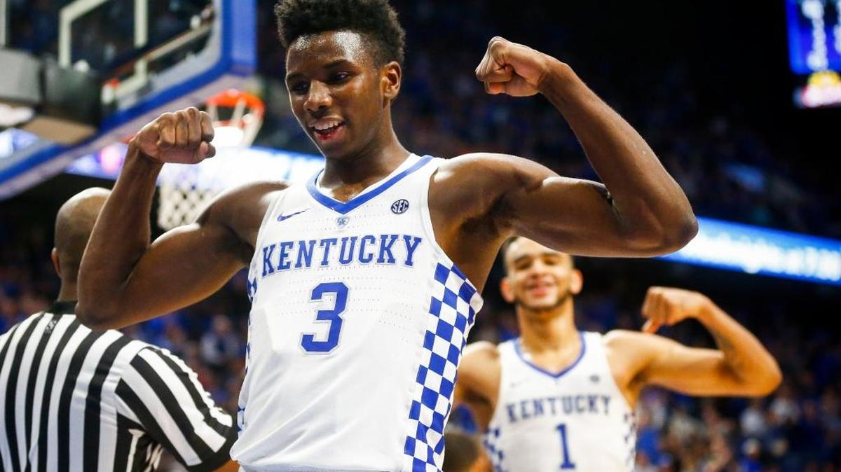 Kentucky guard Hamidou Diallo (3) and forward Sacha Killeya-Jones (1) celebrated during their game against the Harvard Crimson at Rupp Arena, Saturday, Dec. 2, 2017. Kentucky Wildcats beat Harvard Crimson 79-70.