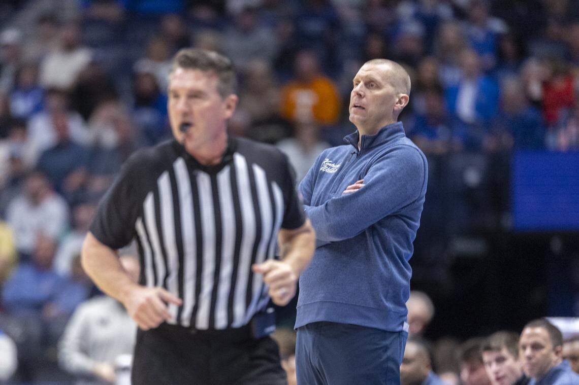 Kentucky coach Mark Pope watches his team play during its loss to Florida in the SEC Tournament at Bridgestone Arena in Nashville, Tenneessee, on Friday.