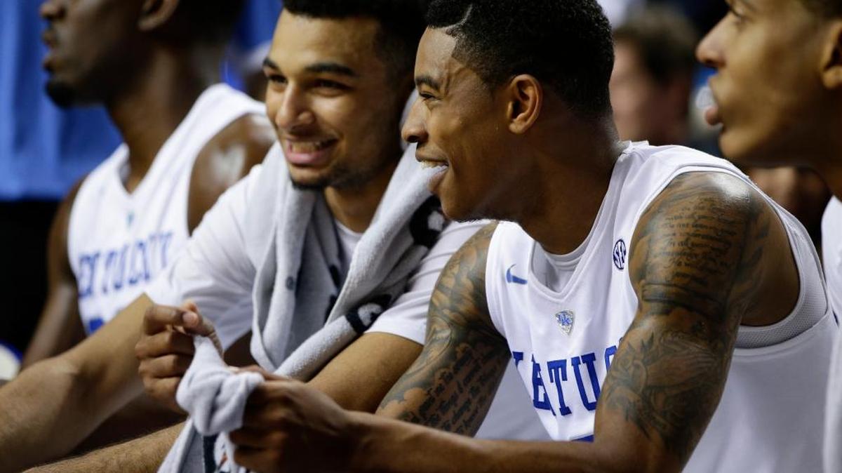 Kentucky Wildcats guard Tyler Ulis (3) and Jamal Murray, left, enjoyed the final minutes as Kentucky defeated Kentucky State University 111-58 on Friday November 6, 2015 in Lexington, Ky. Photo by Mark Cornelison | Staff